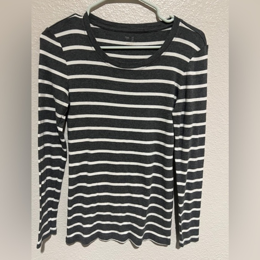 GAP Grey & White Striped Long-Sleeve Scoop Neck Top Small